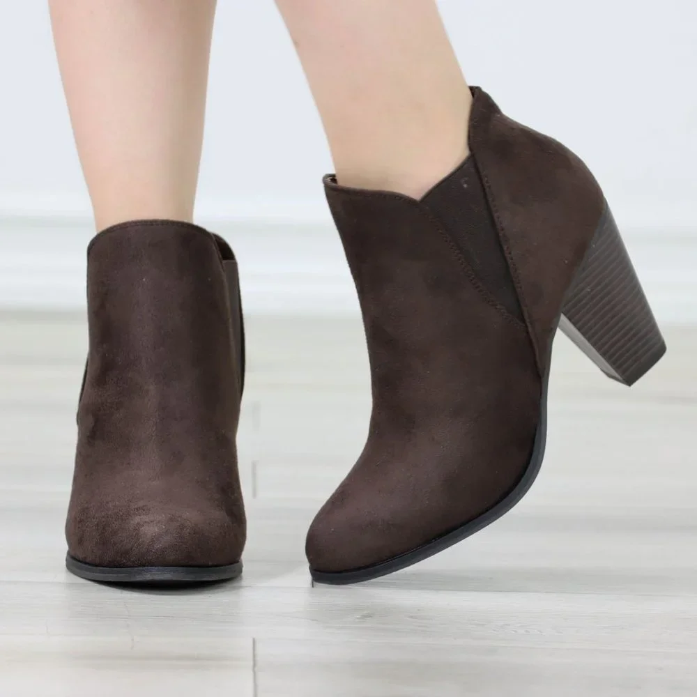 Womens Ankle Heeled Boots Elastic Gore Pointed Toe Brown Faux Suede - Picture 9 of 12